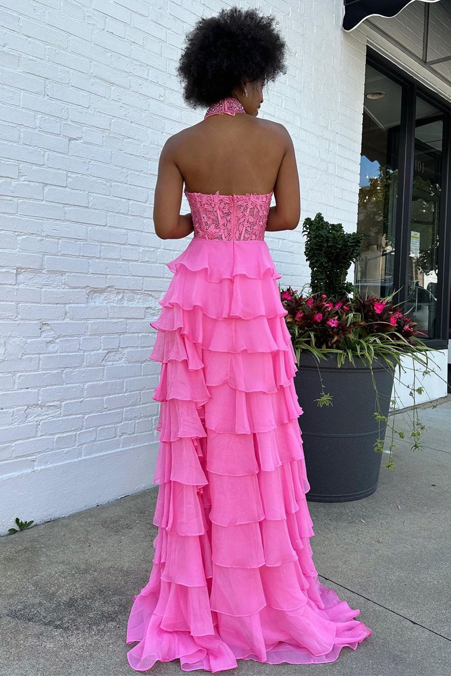 Pink A-Line Halter Neck Lace Top Long Tiered Chiffon Prom Dress - View 2 | VelvetHem