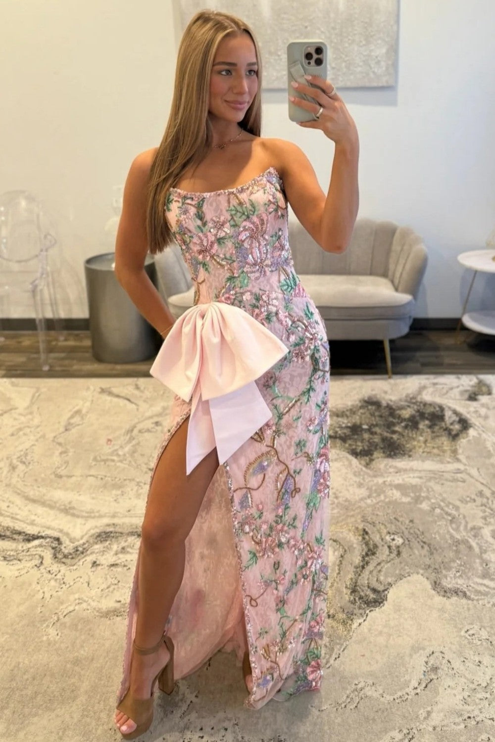 Gorgeous Mermaid Strapless Pink Corset Prom Dress with Embroidery Bowknot - VelvetHem