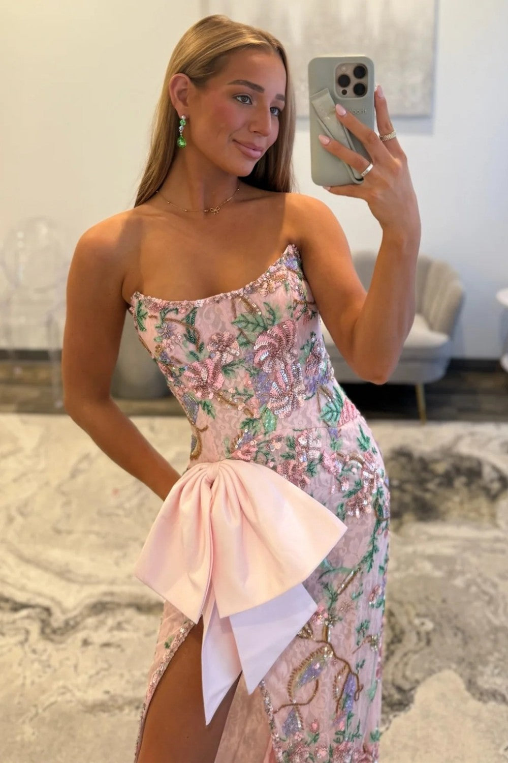 Gorgeous Mermaid Strapless Pink Corset Prom Dress with Embroidery Bowknot - View 2 | VelvetHem