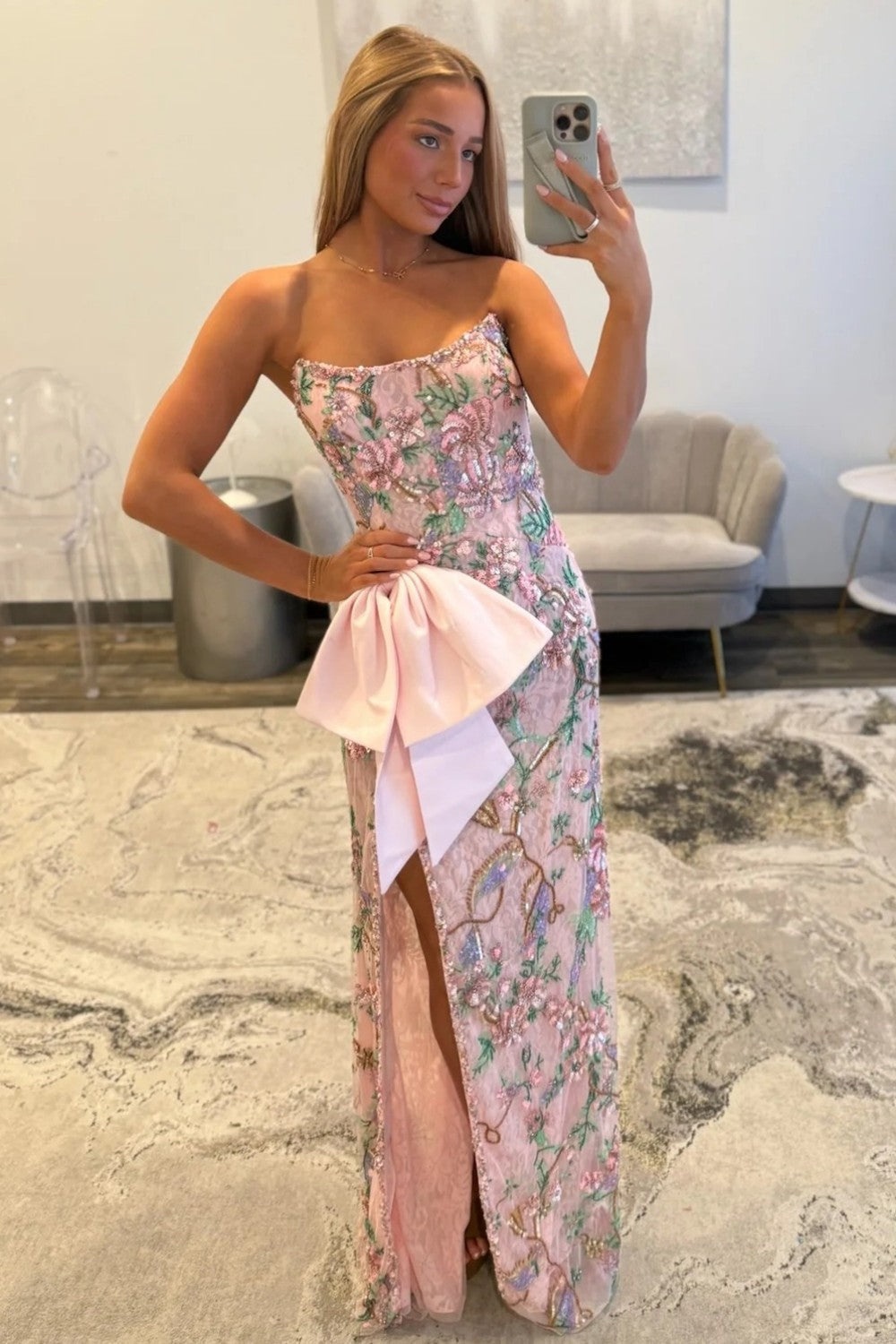 Gorgeous Mermaid Strapless Pink Corset Prom Dress with Embroidery Bowknot - View 5 | VelvetHem