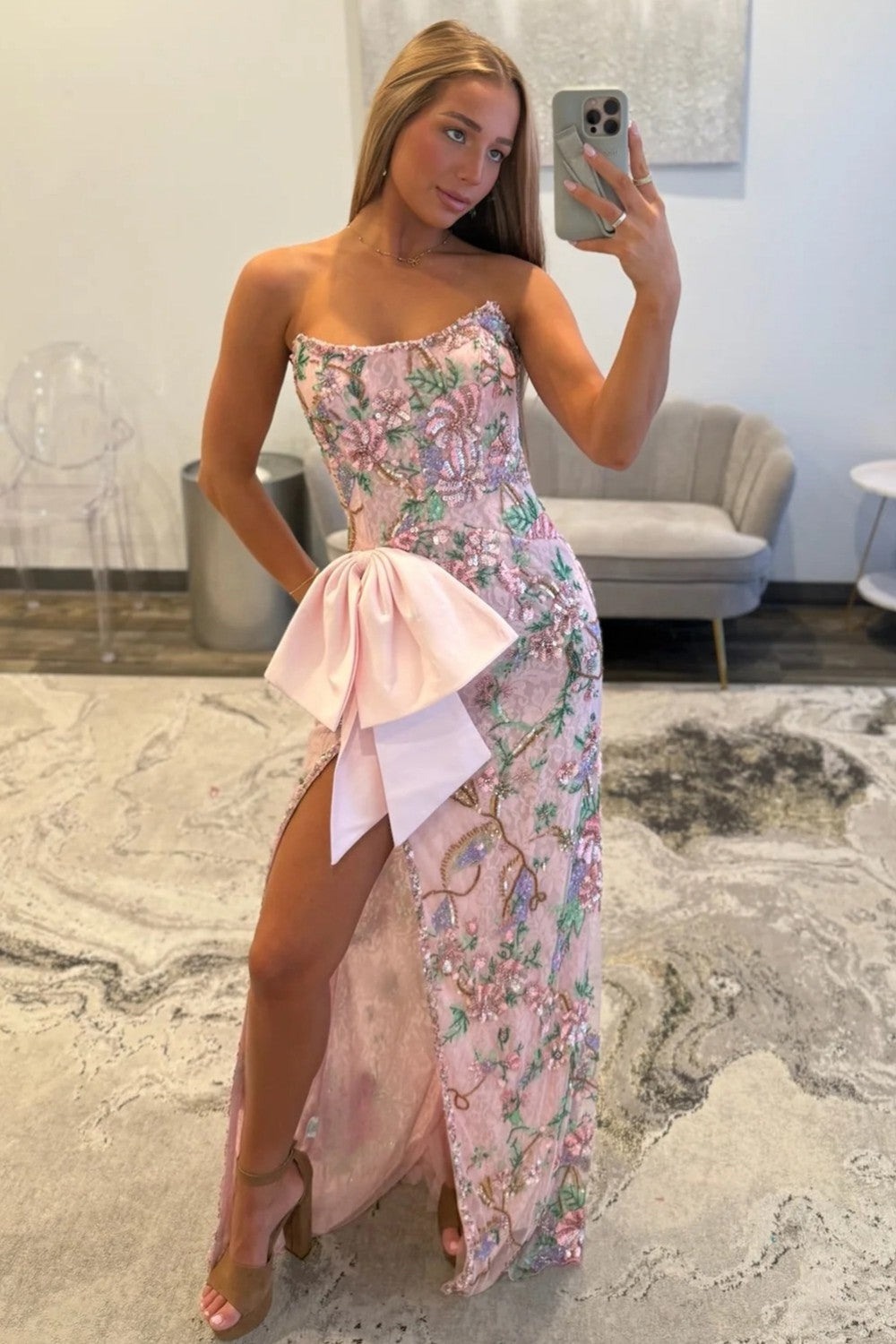 Gorgeous Mermaid Strapless Pink Corset Prom Dress with Embroidery Bowknot - View 6 | VelvetHem