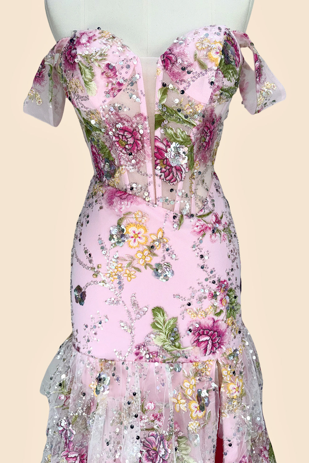 Gorgeous Mermaid Off Shoulder Pink Floral Corset Mermaid Prom Dress with Slit