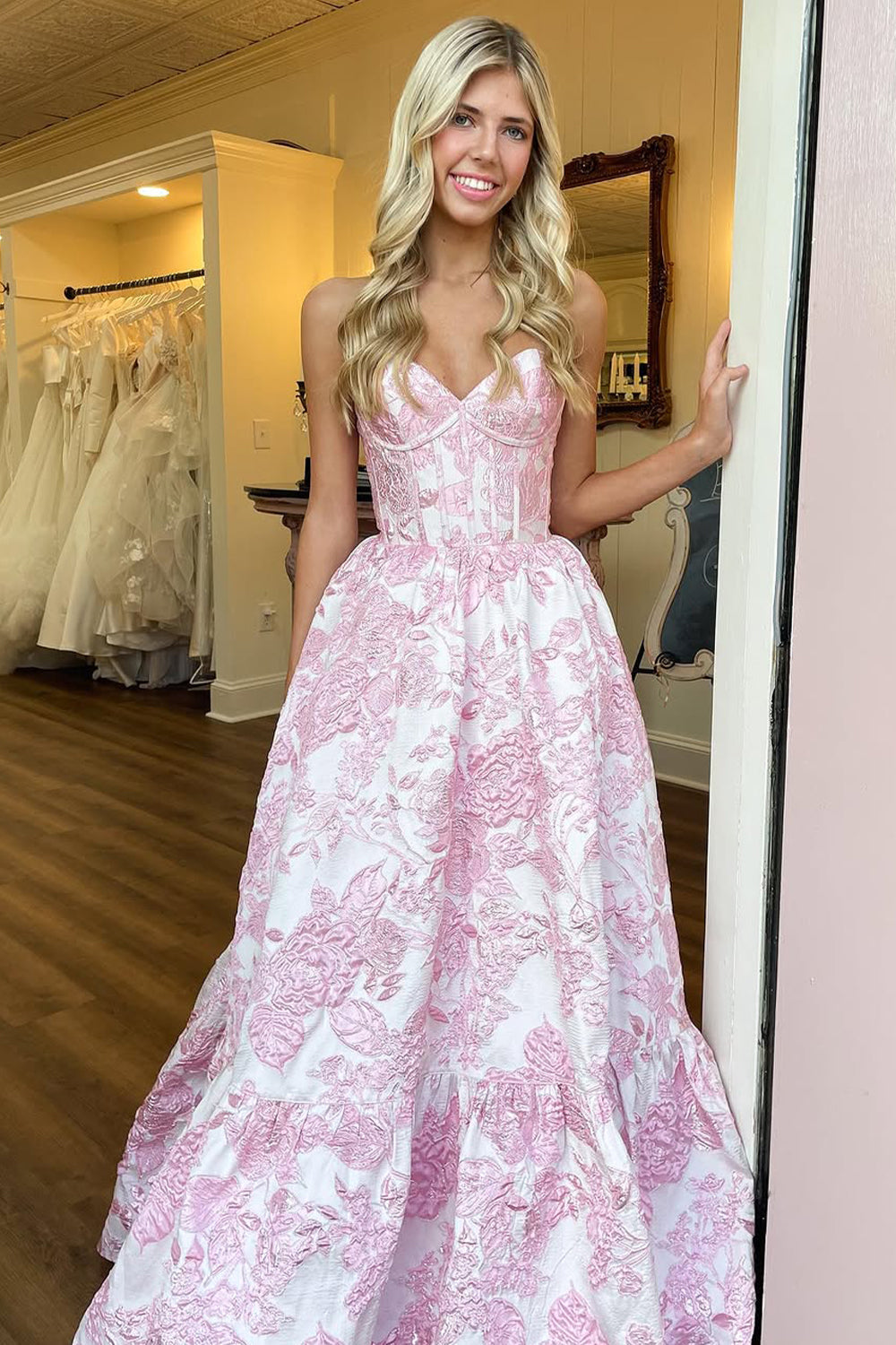 Lovely Light Blue Sweetheart A-Line Zipper Back Long Print Prom Dress - View 2 | VelvetHem