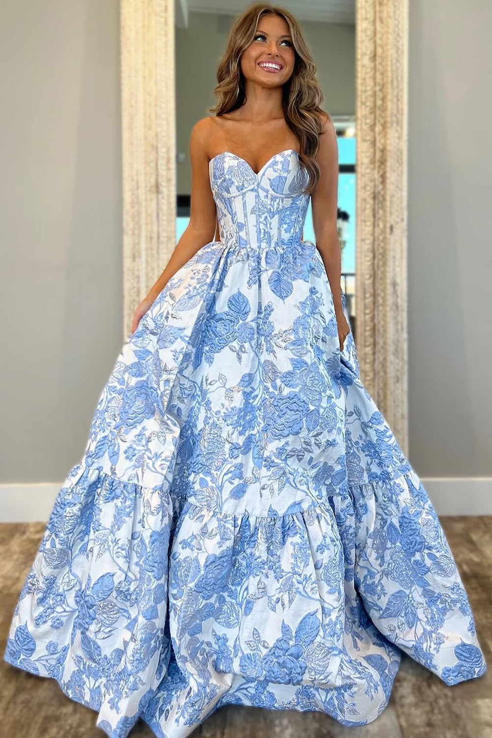 Lovely Light Blue Sweetheart A-Line Zipper Back Long Print Prom Dress - View 4 | VelvetHem