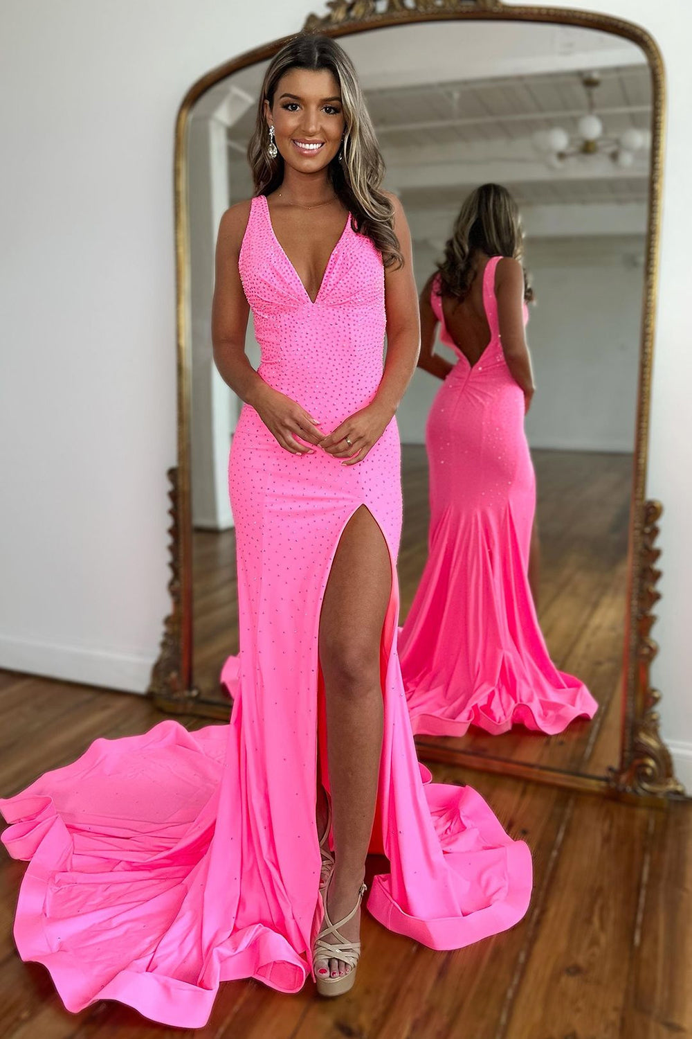 Sparkly Pink Mermaid V-Neck Sweep Train Beaded Prom Dress With Split - VelvetHem