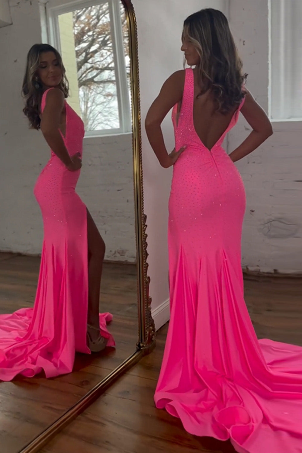 Sparkly Pink Mermaid V-Neck Sweep Train Beaded Prom Dress With Split - View 3 | VelvetHem