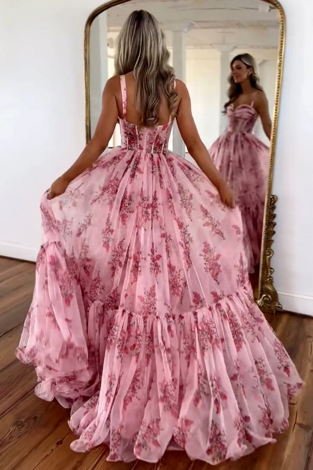 Pink Romantic A-Line Spaghetti Straps Long Print Tulle Prom Dress - View 2 | VelvetHem