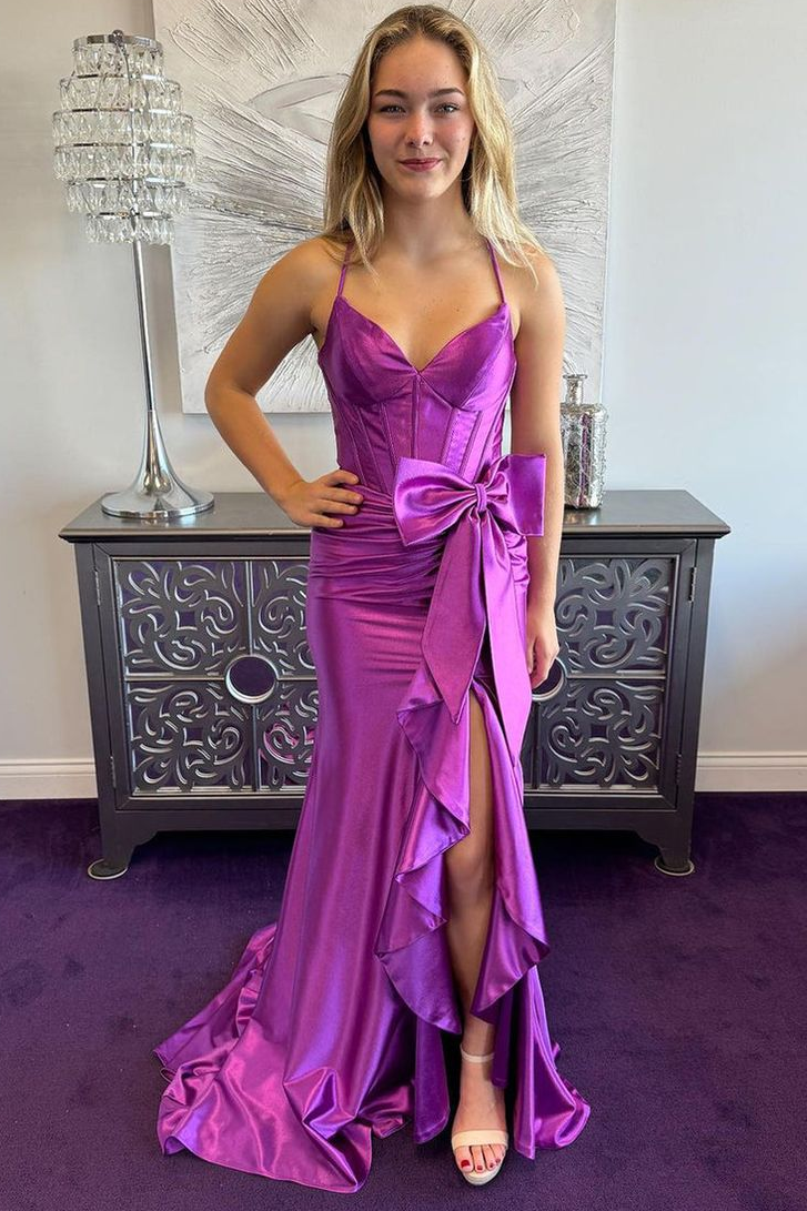 Spaghetti Straps V-Neck Ruffles with Train Evening Dress Formal Party Prom Gown - View 2 | VelvetHem