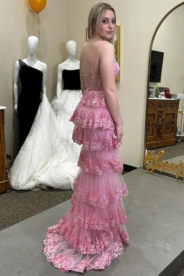 Tulle A-line Lace Appliques Ruffled Tiered Prom Dresses With Slit