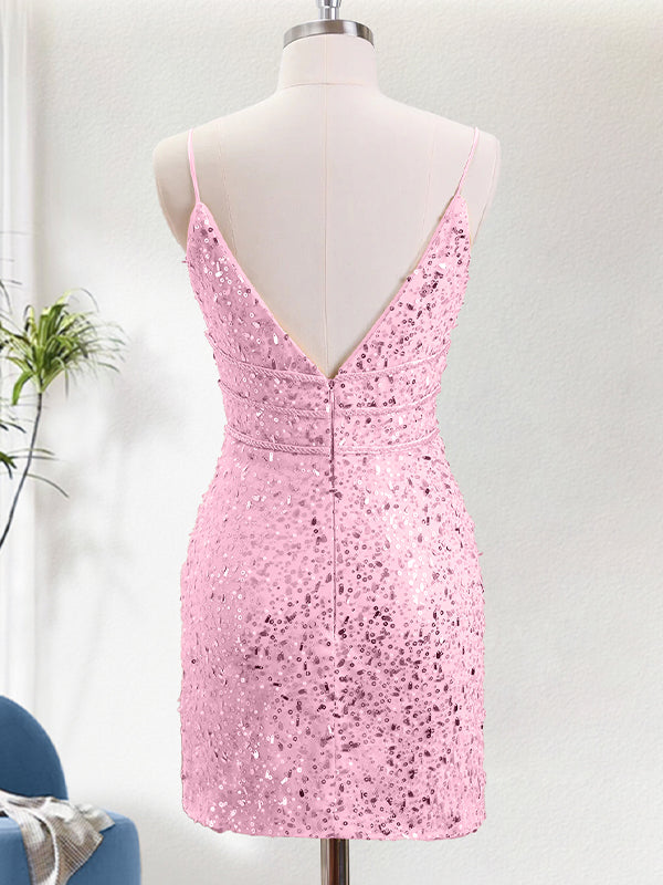 Spaghetti Straps Beaded Bodycon Sequin Homecoming Dress