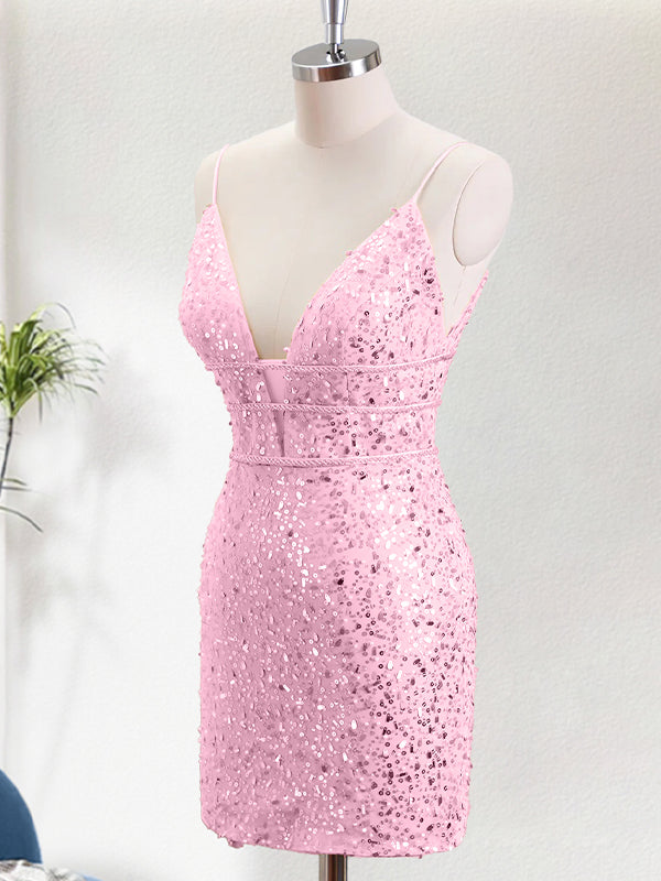 Spaghetti Straps Beaded Bodycon Sequin Homecoming Dress