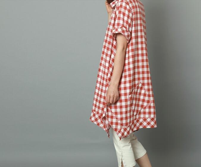 Pink plaid oversize linen sundress Grid summer cotton dress