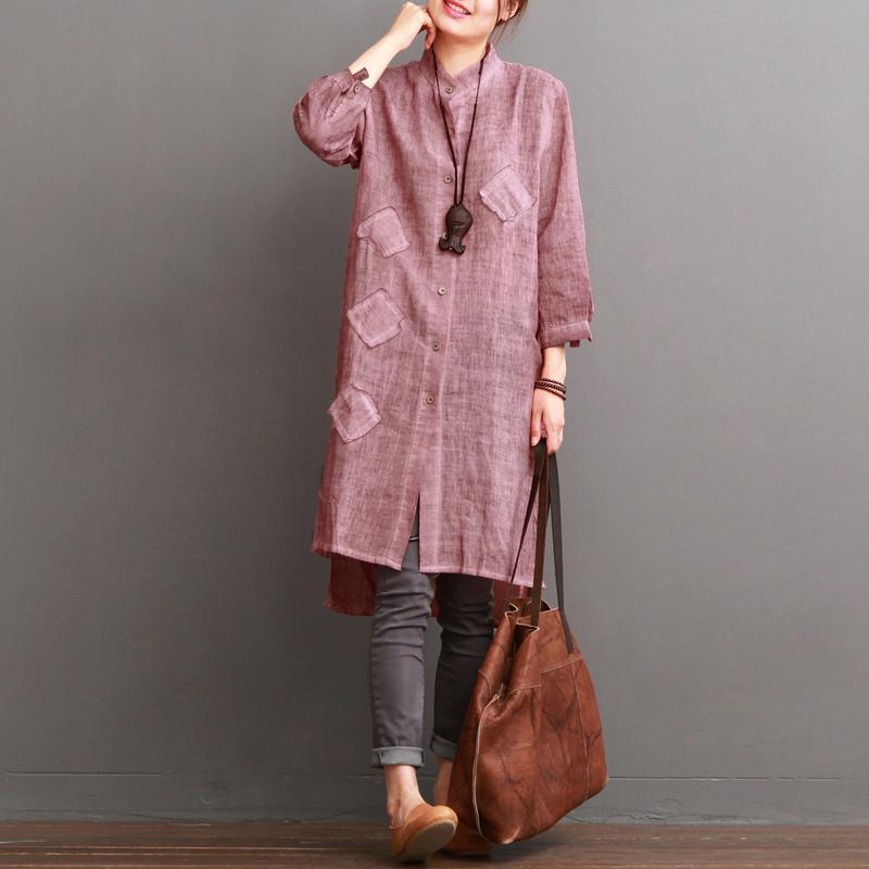 Pink summer cotton dress pockets sundress women long blouse