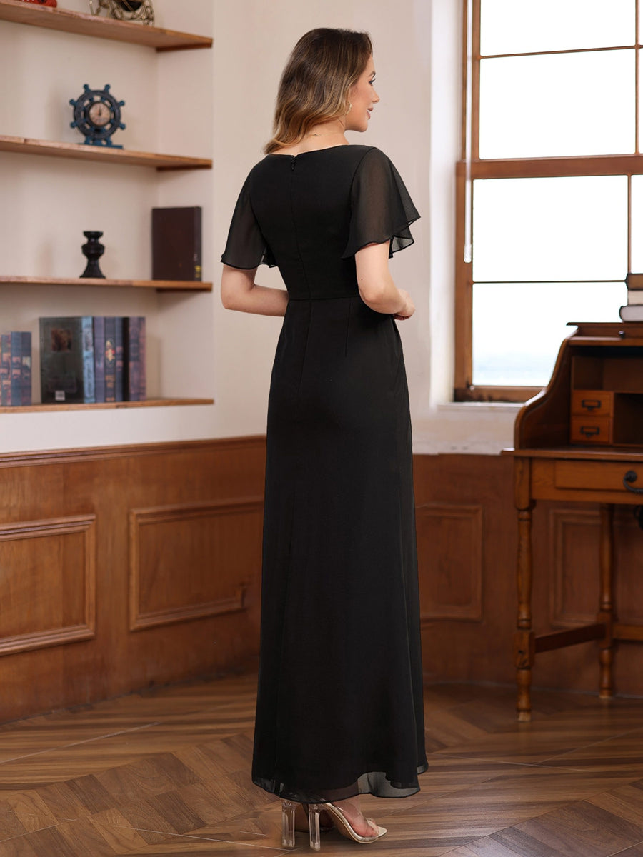 Pleated A Line Mother of the Bride & Groom Dress with Scoop Neck Half Sleeves and Beadings