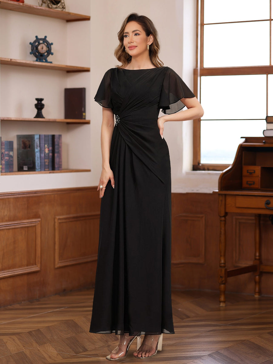 Pleated A Line Mother of the Bride & Groom Dress with Scoop Neck Half Sleeves and Beadings