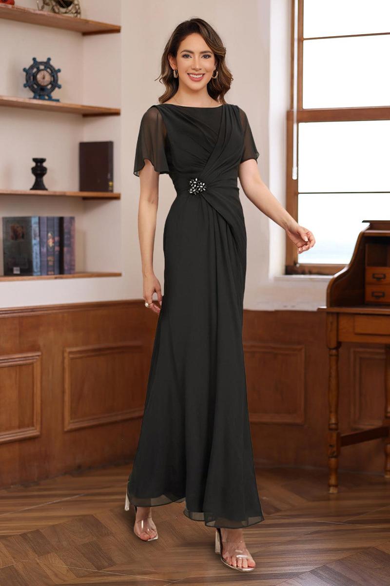 Pleated A Line Mother of the Bride & Groom Dress with Scoop Neck Half Sleeves and Beadings
