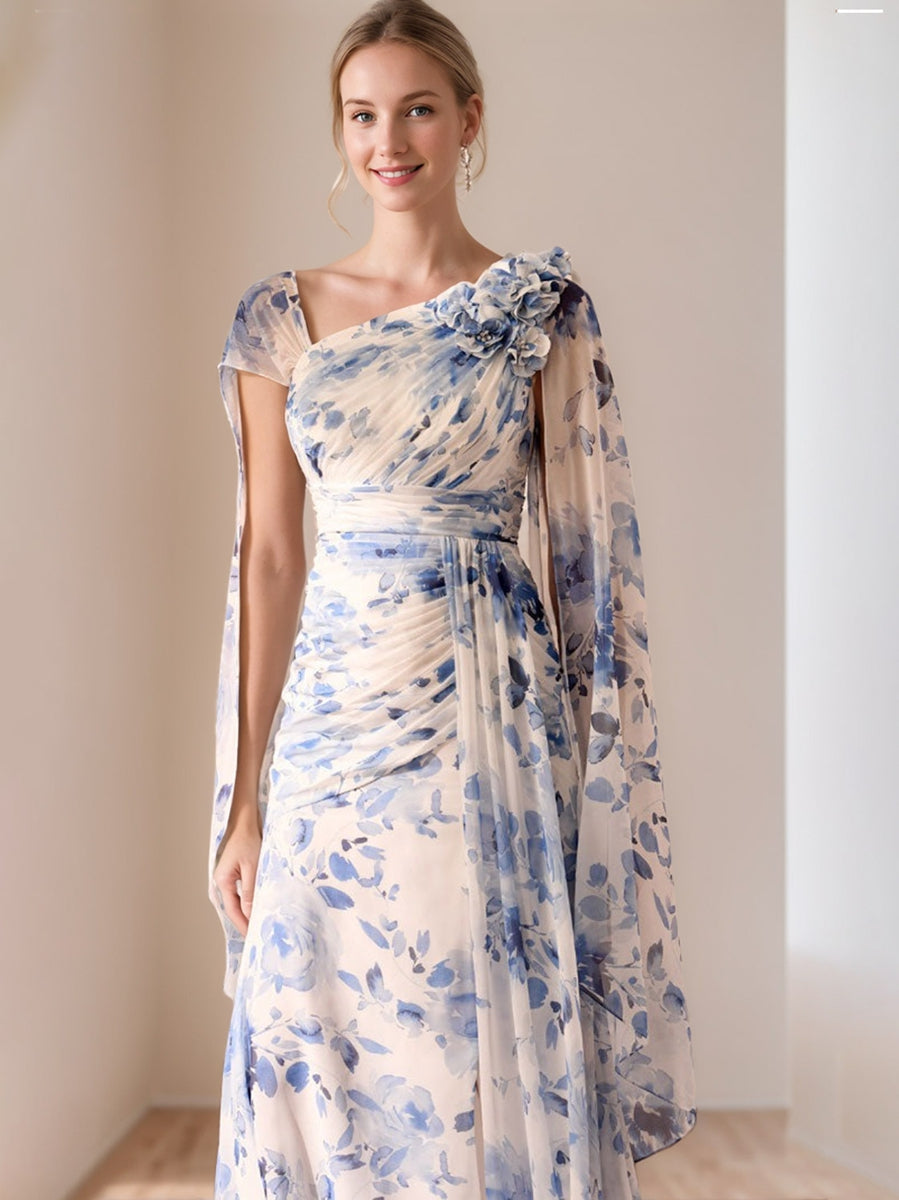 Pleated Floral Printed V Neck A Line Mother of the Bride Dress with Ruffles & 3D Flowers