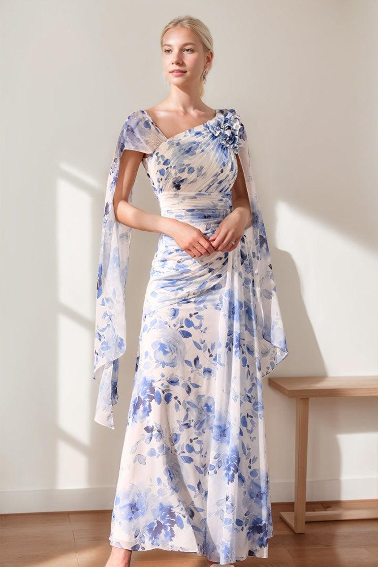 Pleated Floral Printed V Neck A Line Mother of the Bride Dress with Ruffles & 3D Flowers
