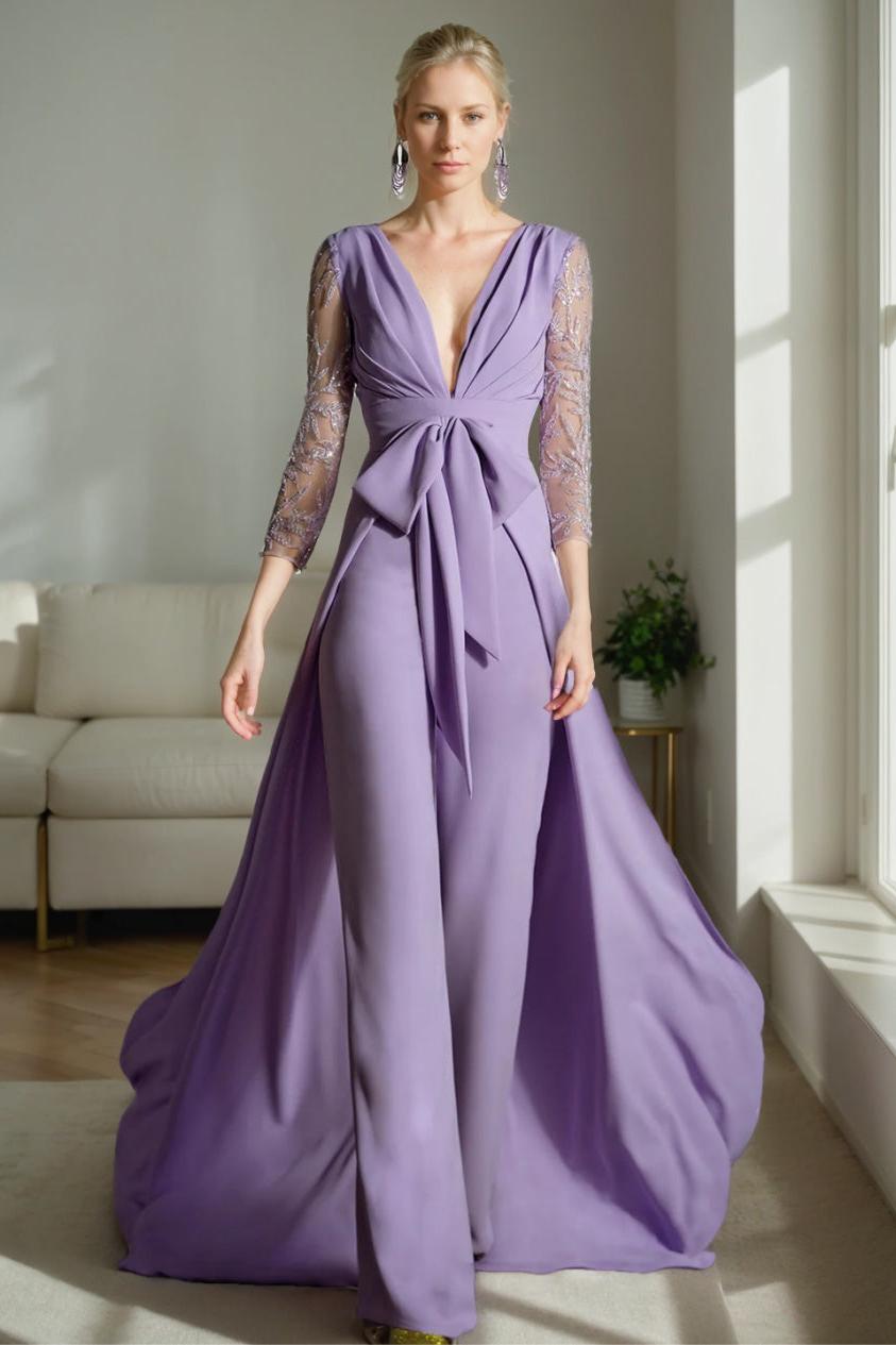 Plunge V Neck A Line Jumpsuit for the Mother of the Bride with Ruched Embroidered Tulle Sleeves & Bow