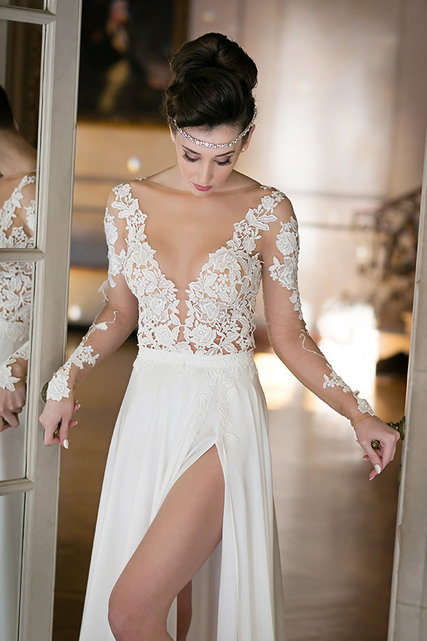 Plunging Neck Long Sleeve Summer Beach Wedding Dress Chiffon Split Beach Bridal Gowns