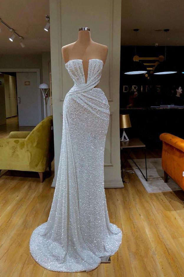 Plunging V-neck Sparkle White Sequined Strapless Evening Prom Dresses