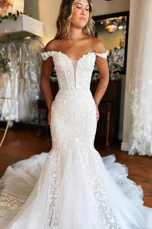 Plunging Neckline Ivory Off-the-Shoulder Mermaid Wedding Dress (ZD16117)