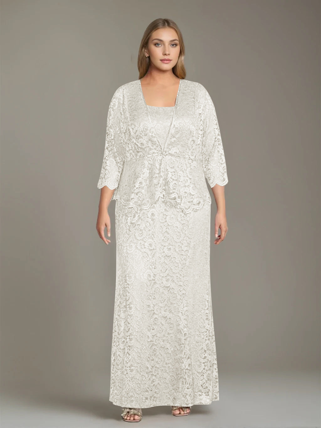Plus Size 2 Piece Mother of the Bride Dress Set with Square Neck and Long Sheath