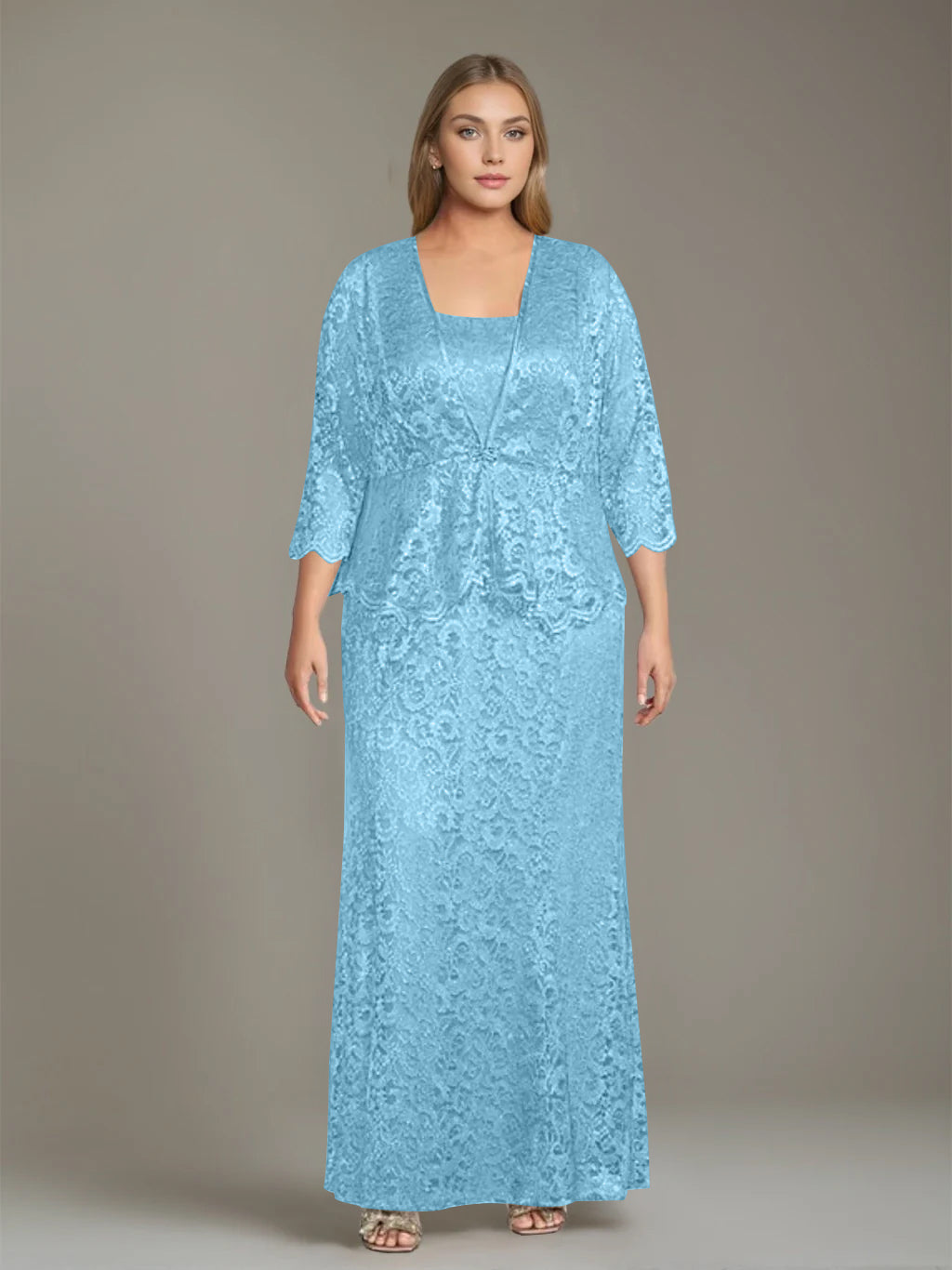 Plus Size 2 Piece Mother of the Bride Dress Set with Square Neck and Long Sheath
