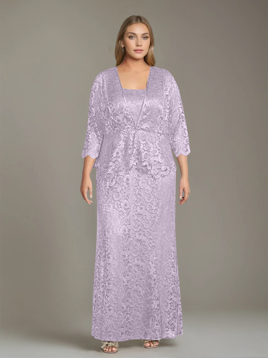 Plus Size 2 Piece Mother of the Bride Dress Set with Square Neck and Long Sheath