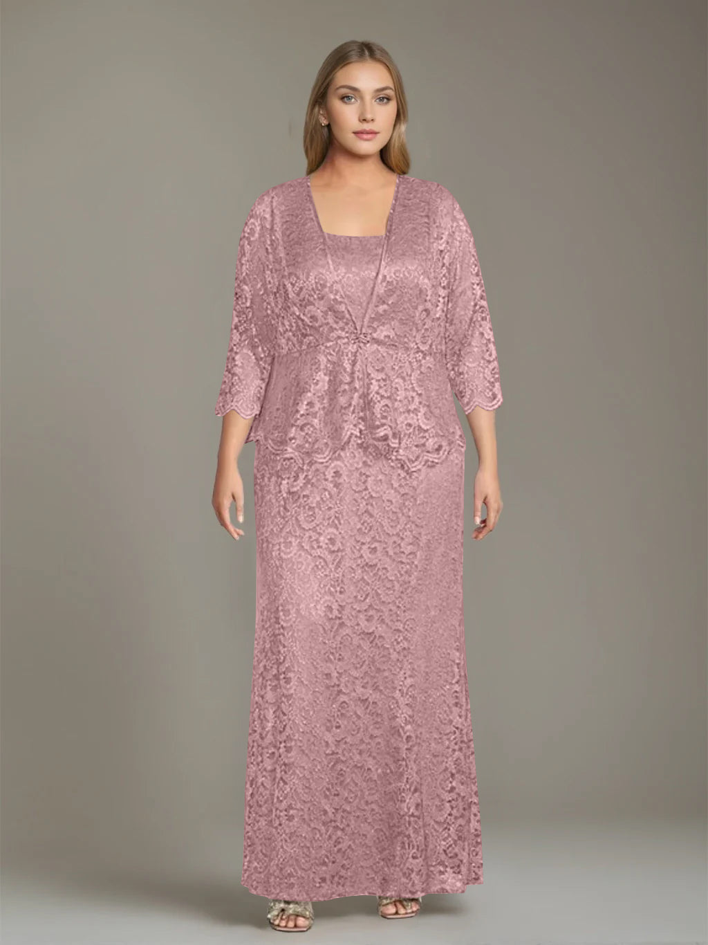 Plus Size 2 Piece Mother of the Bride Dress Set with Square Neck and Long Sheath