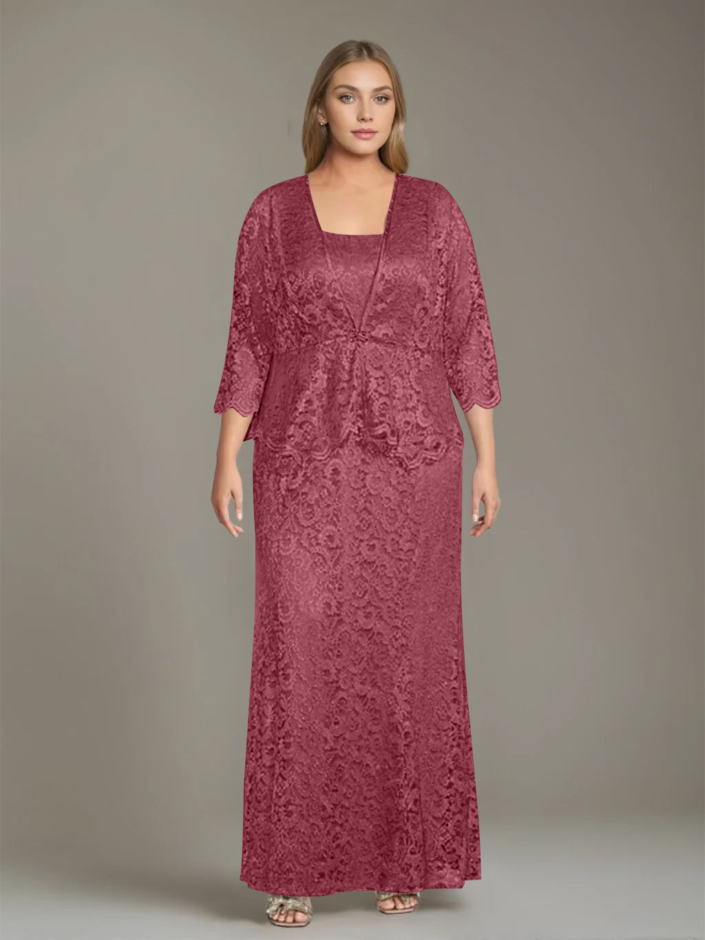 Plus Size 2 Piece Mother of the Bride Dress Set with Square Neck and Long Sheath