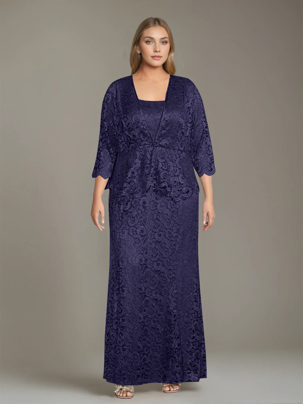 Plus Size 2 Piece Mother of the Bride Dress Set with Square Neck and Long Sheath