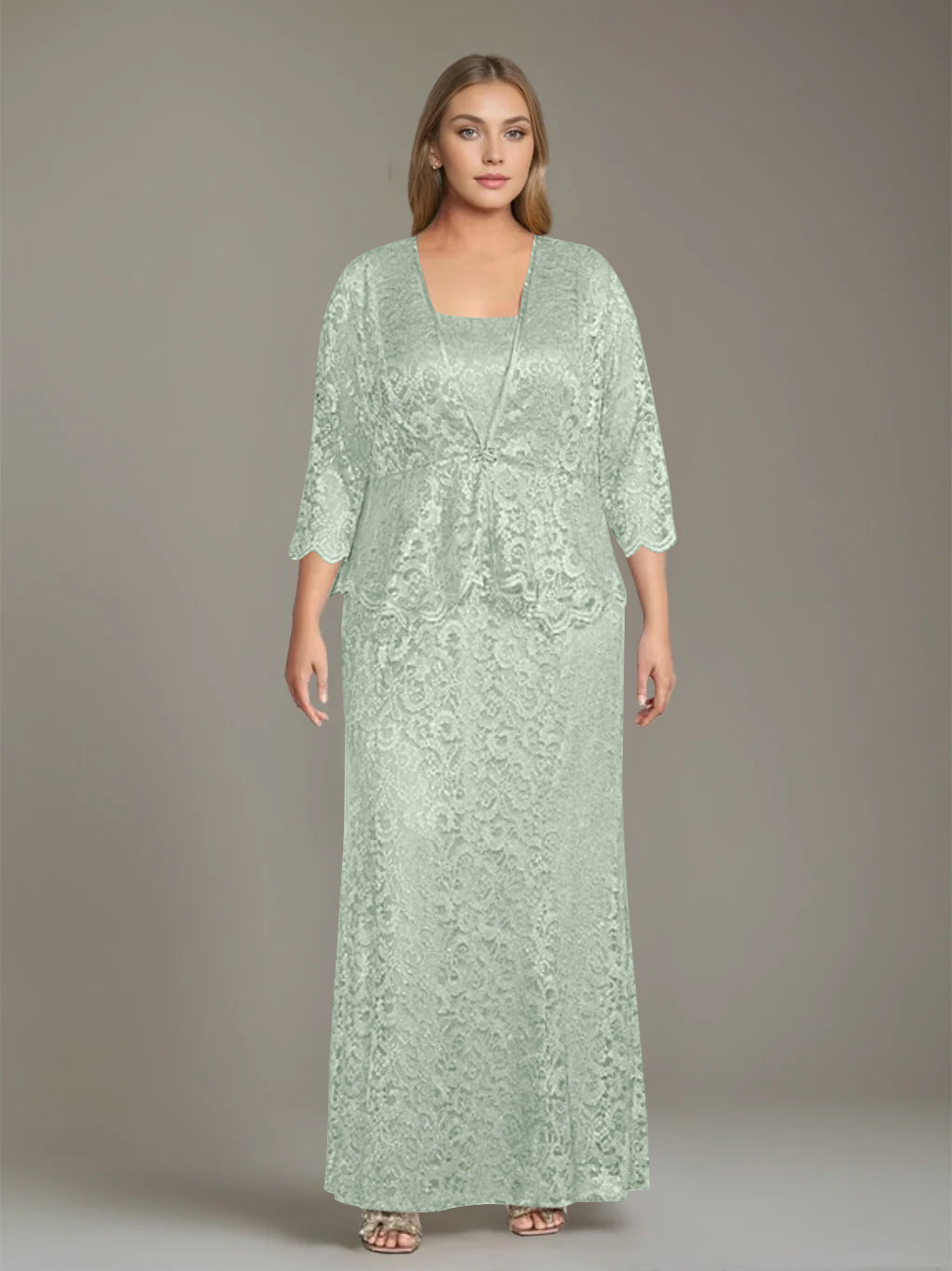 Plus Size 2 Piece Mother of the Bride Dress Set with Square Neck and Long Sheath