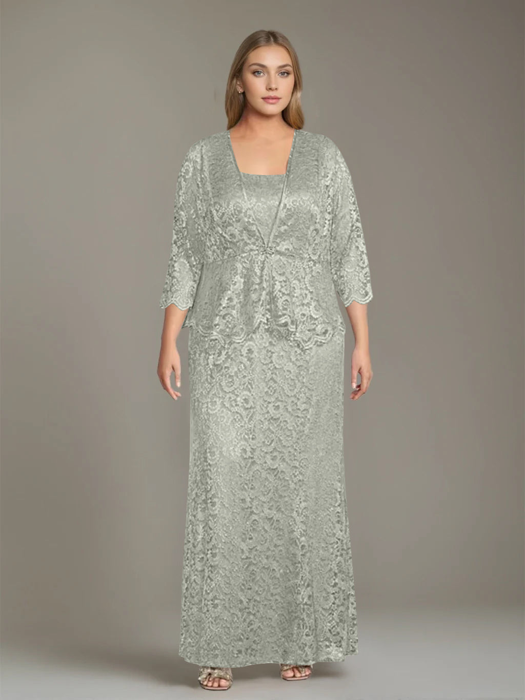 Plus Size 2 Piece Mother of the Bride Dress Set with Square Neck and Long Sheath