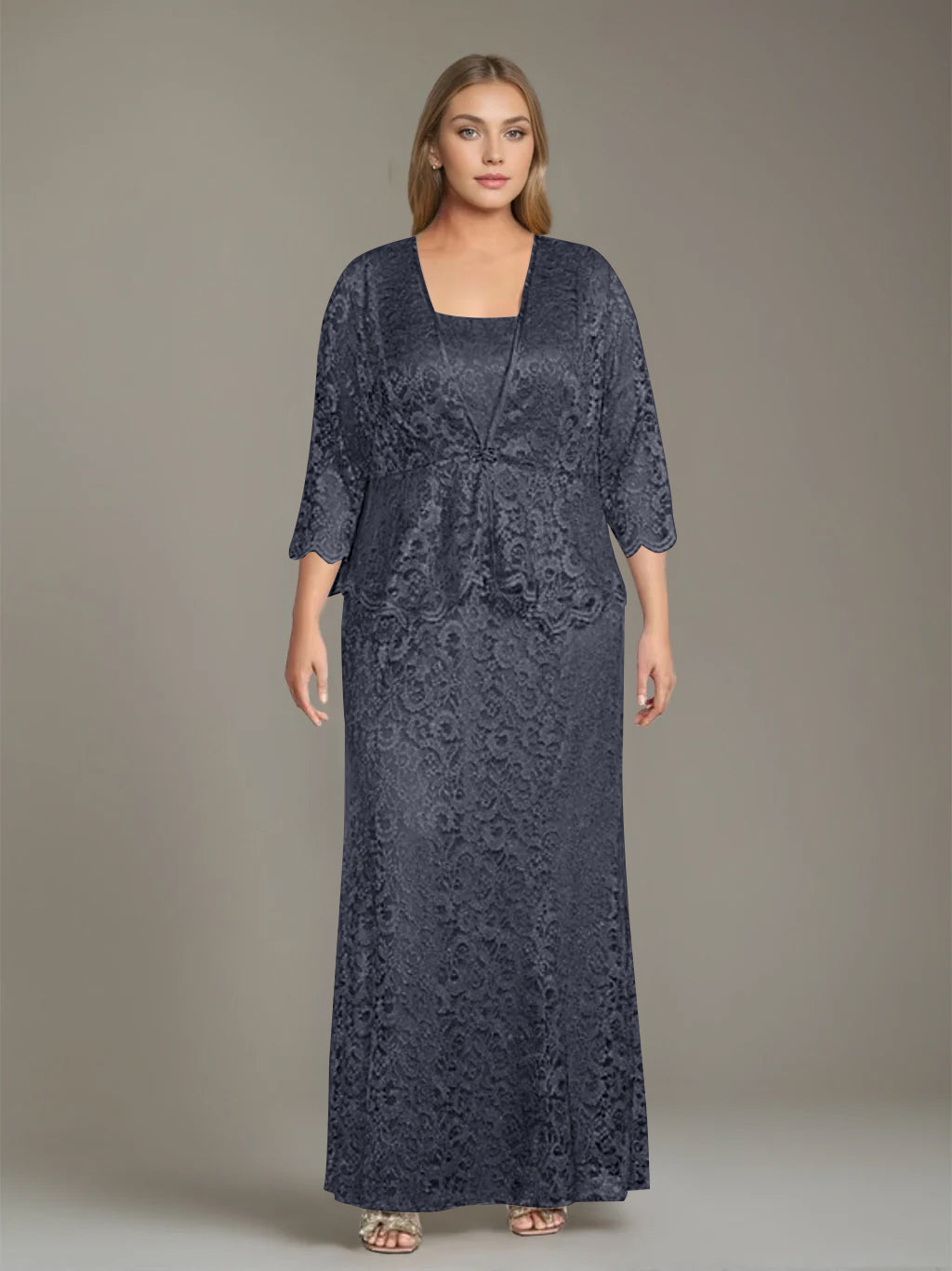 Plus Size 2 Piece Mother of the Bride Dress Set with Square Neck and Long Sheath
