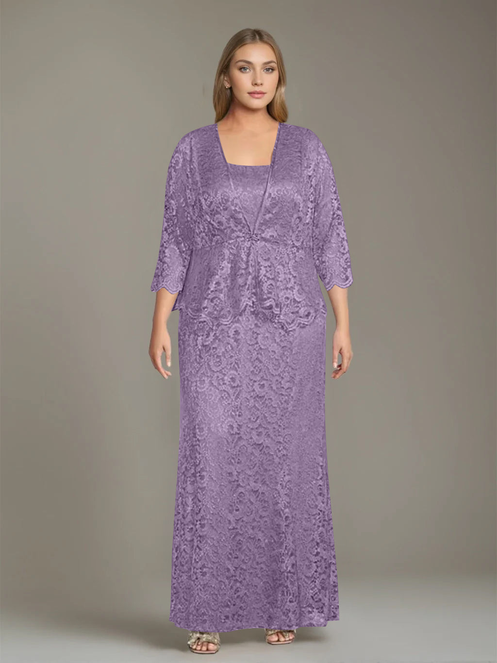 Plus Size 2 Piece Mother of the Bride Dress Set with Square Neck and Long Sheath