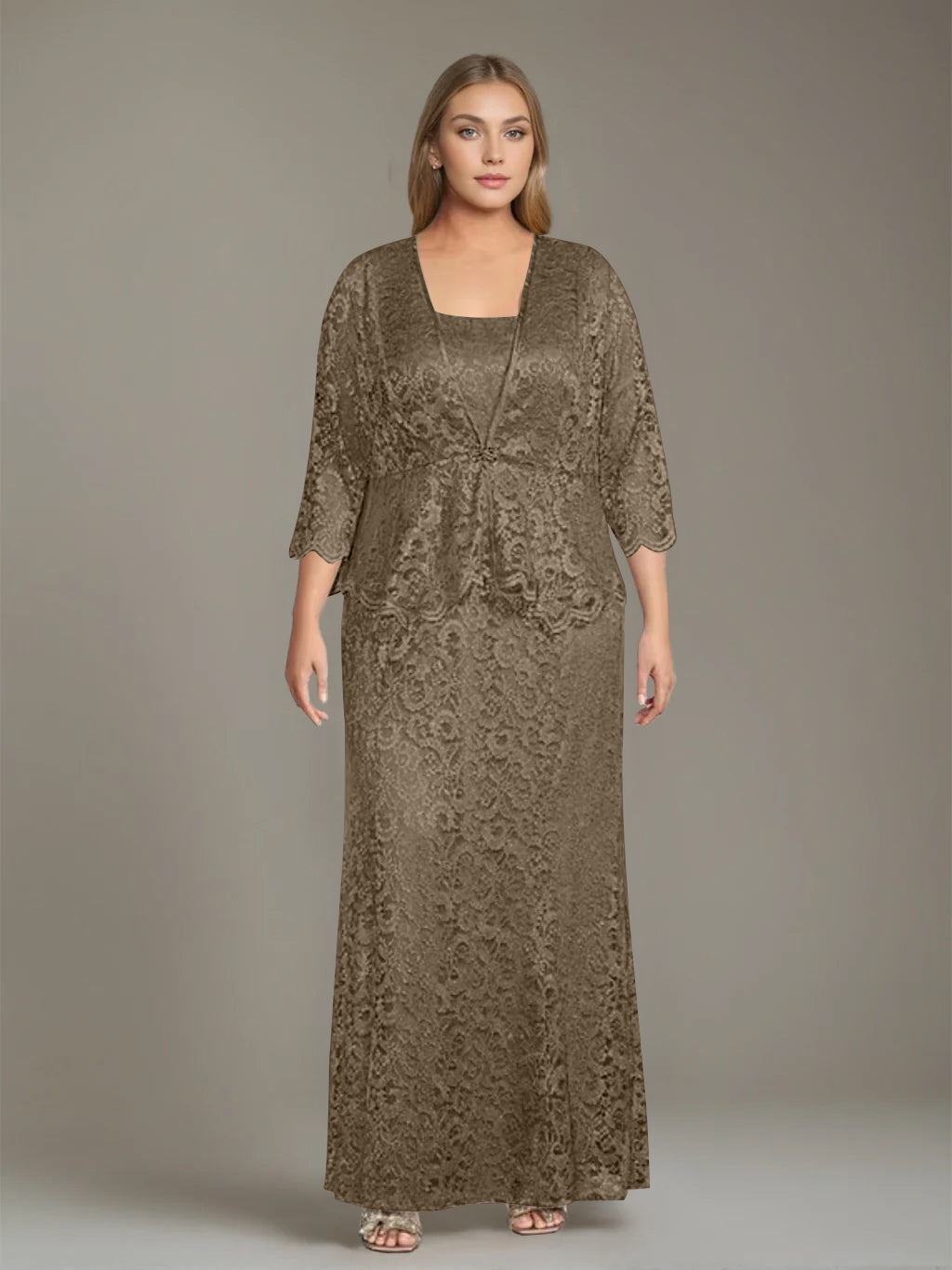 Plus Size 2 Piece Mother of the Bride Dress Set with Square Neck and Long Sheath