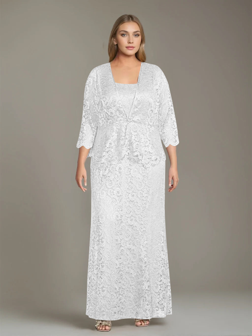 Plus Size 2 Piece Mother of the Bride Dress Set with Square Neck and Long Sheath