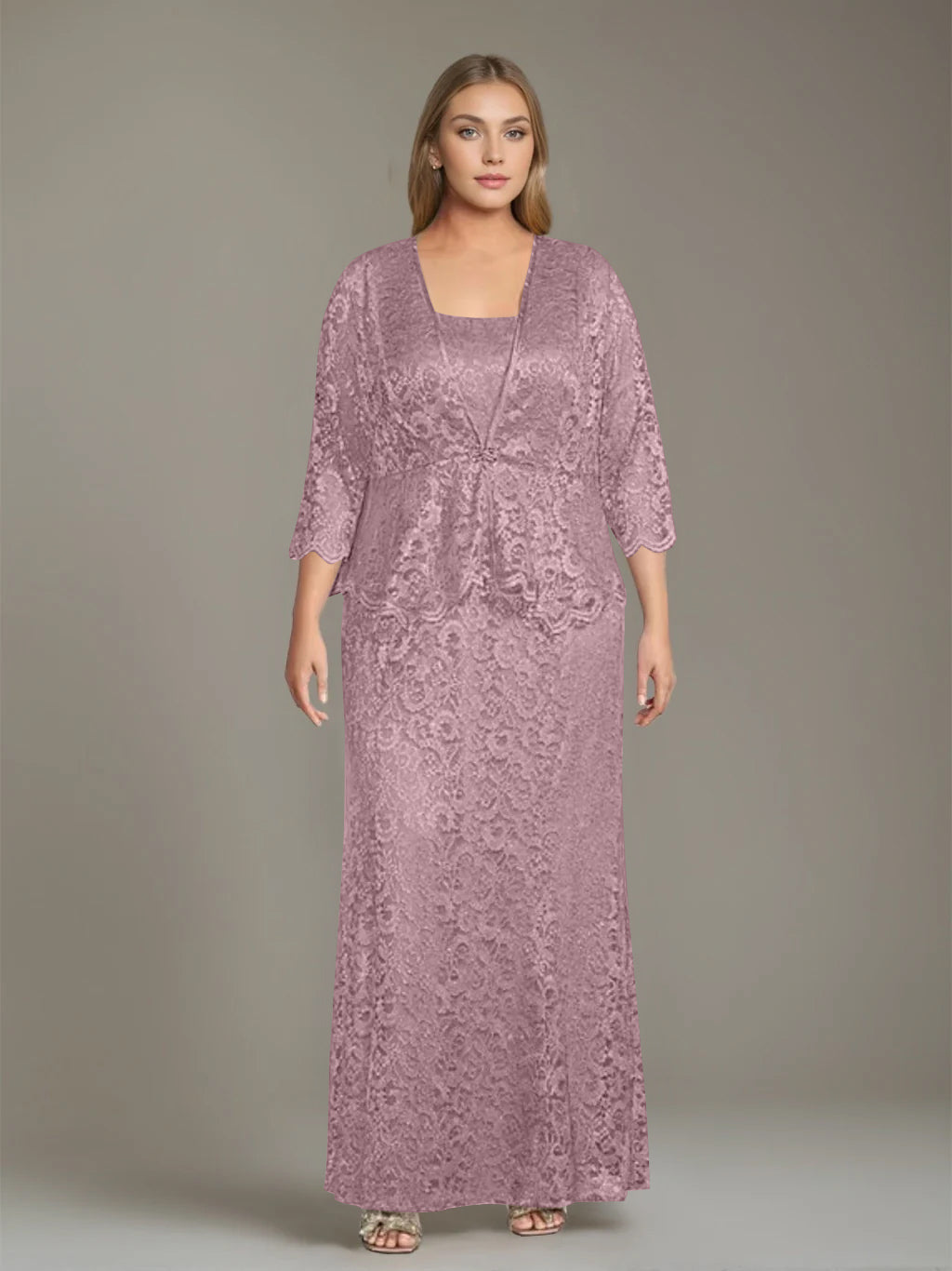 Plus Size 2 Piece Mother of the Bride Dress Set with Square Neck and Long Sheath
