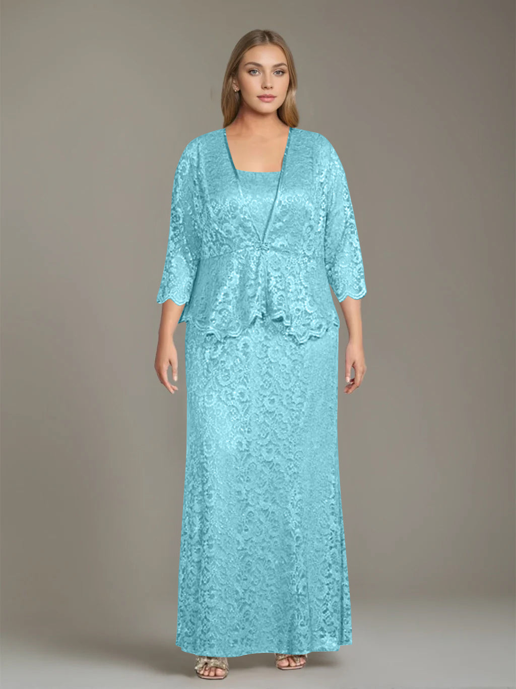 Plus Size 2 Piece Mother of the Bride Dress Set with Square Neck and Long Sheath
