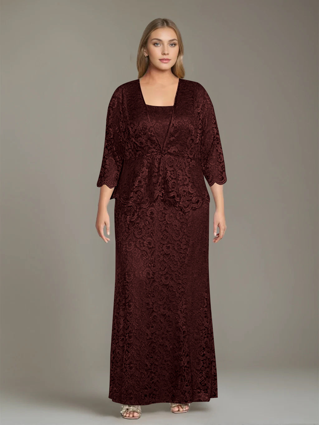 Plus Size 2 Piece Mother of the Bride Dress Set with Square Neck and Long Sheath