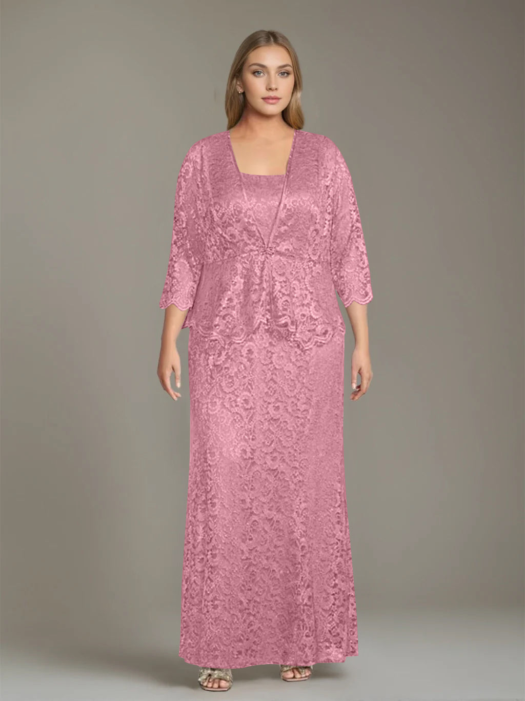 Plus Size 2 Piece Mother of the Bride Dress Set with Square Neck and Long Sheath