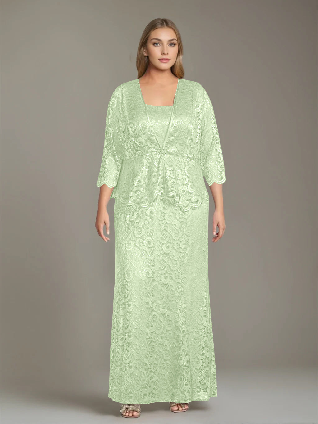 Plus Size 2 Piece Mother of the Bride Dress Set with Square Neck and Long Sheath