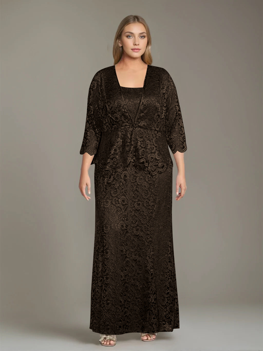 Plus Size 2 Piece Mother of the Bride Dress Set with Square Neck and Long Sheath