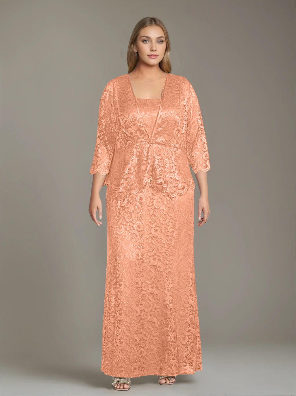 Plus Size 2 Piece Mother of the Bride Dress Set with Square Neck and Long Sheath