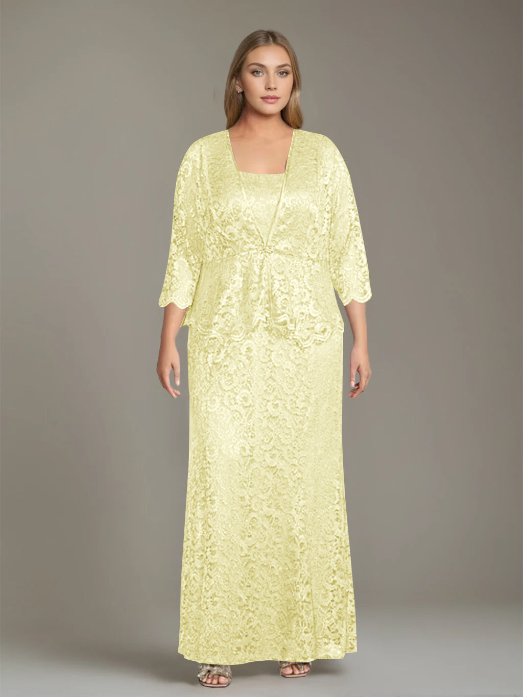 Plus Size 2 Piece Mother of the Bride Dress Set with Square Neck and Long Sheath
