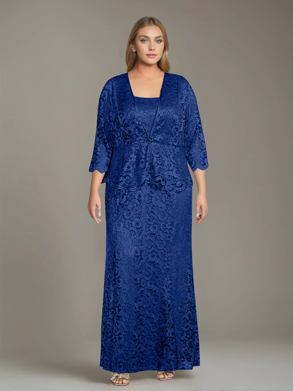 Plus Size 2 Piece Mother of the Bride Dress Set with Square Neck and Long Sheath