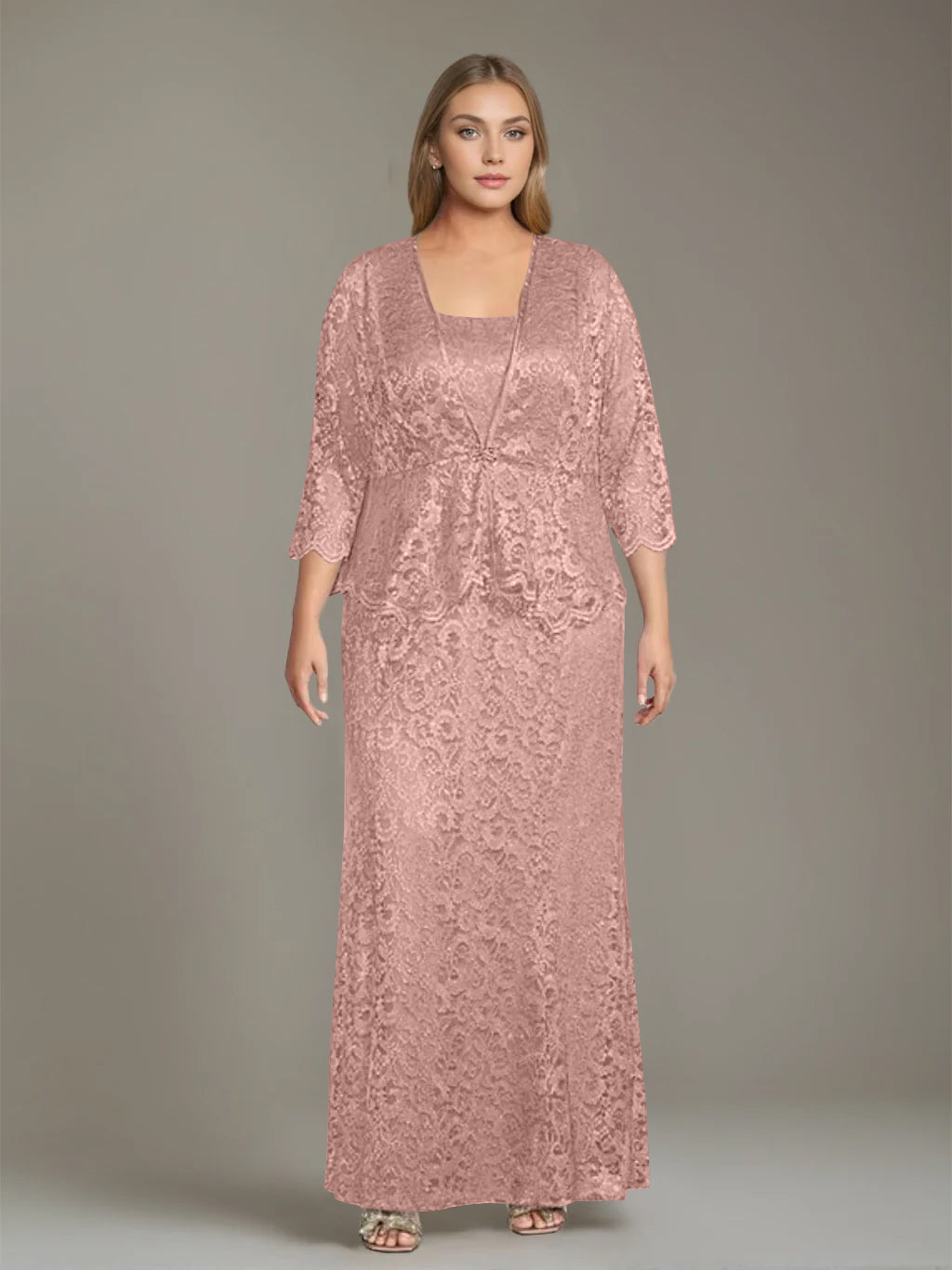 Plus Size 2 Piece Mother of the Bride Dress Set with Square Neck and Long Sheath
