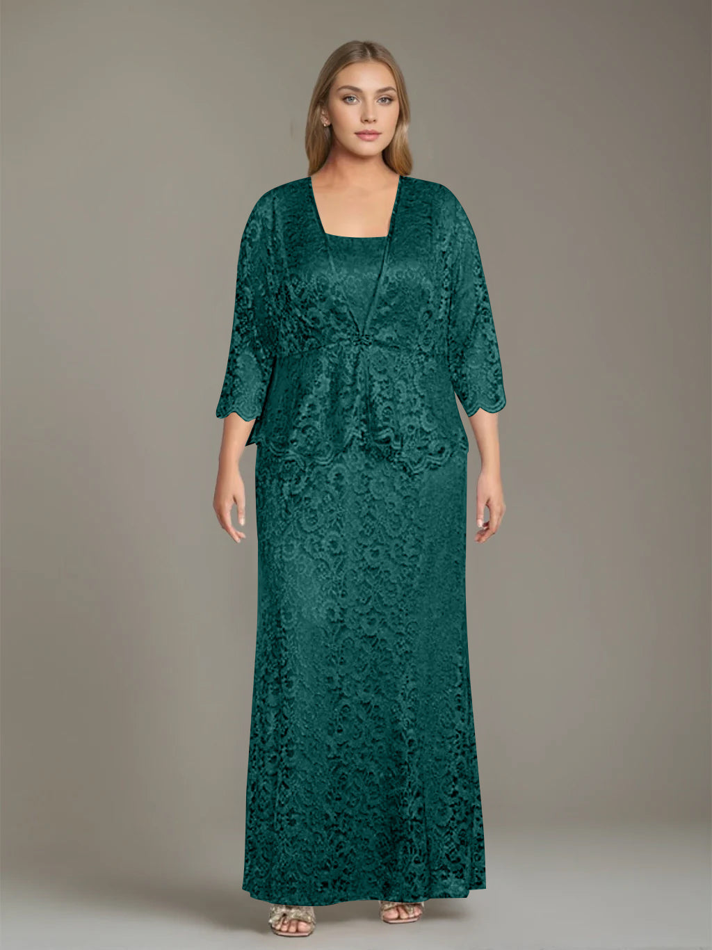 Plus Size 2 Piece Mother of the Bride Dress Set with Square Neck and Long Sheath