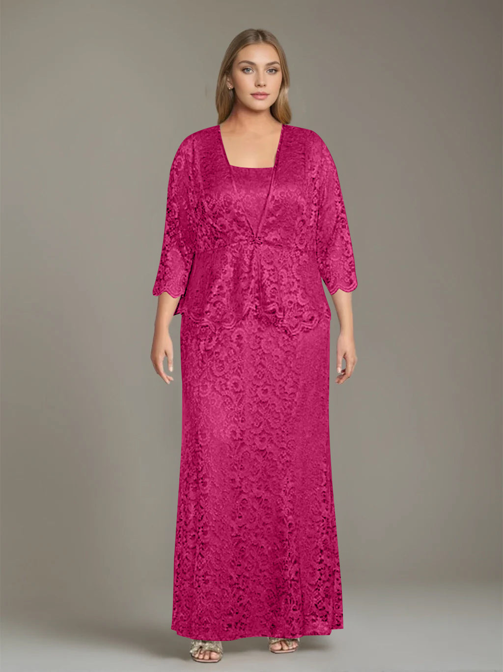 Plus Size 2 Piece Mother of the Bride Dress Set with Square Neck and Long Sheath
